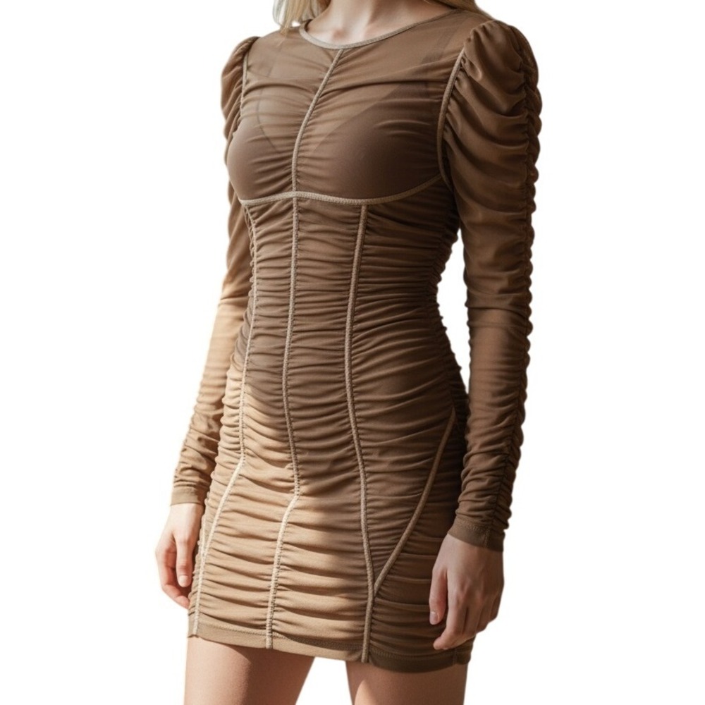 PRETTYLITTLETHING Taupe Mesh L/S  Ruched Open Back Bodycon Dress EUC‎ Size 10